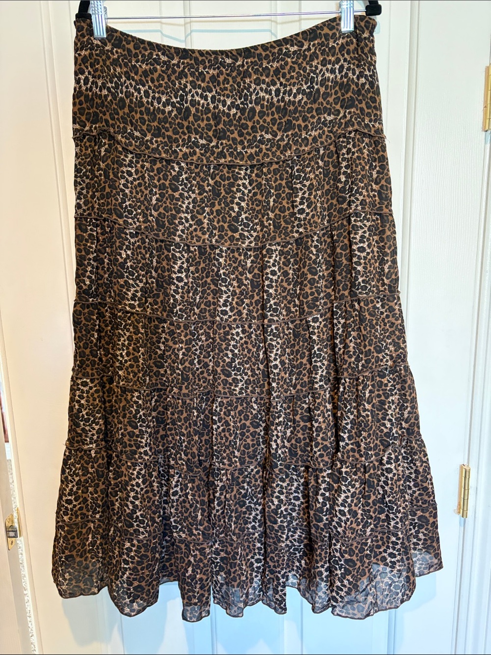 Leopard Print Tiered Midi Skirt -Brown/Black VTG Y2K ruffle chiffon size L 12-14